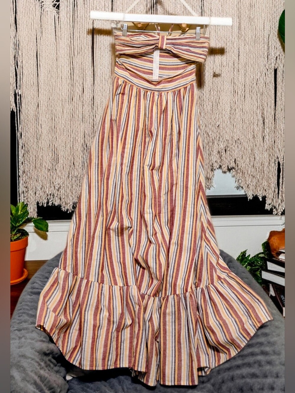 SUMMER SALE! Boho Coral Striped Maxi Spring Dress (X-Small)